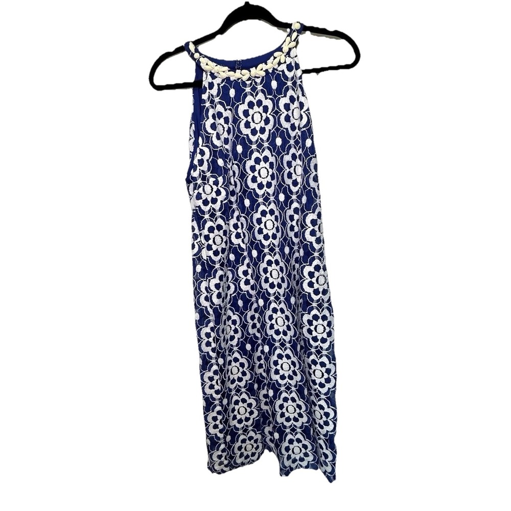 Nine West Blue White Floral Lace Overlay Beaded Sheath Dress Sleeveless Size 10